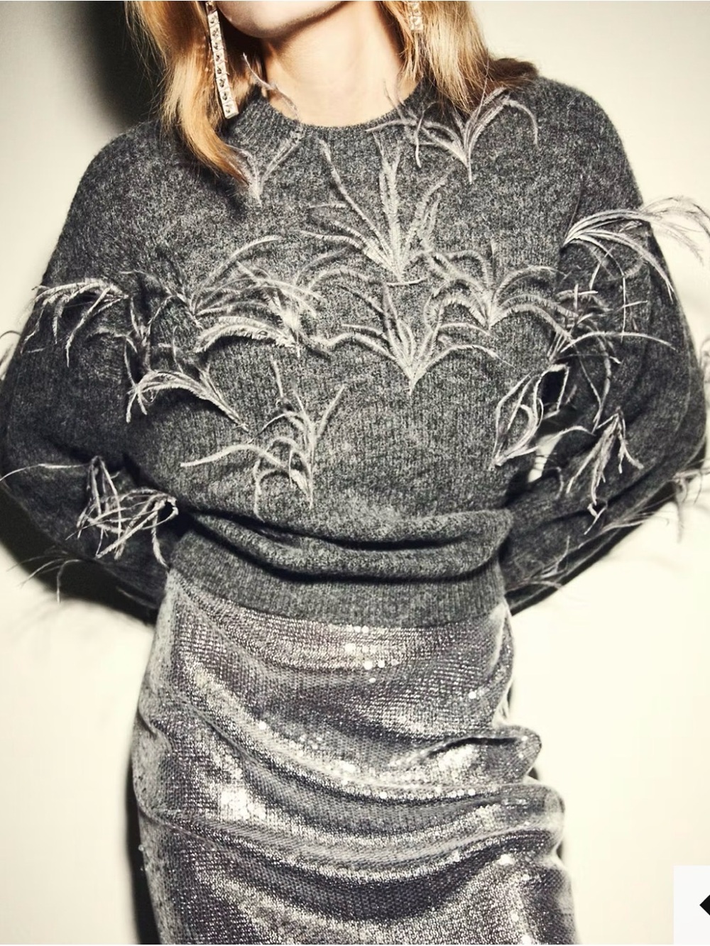 Mango Charcoal Gray Feather-Embellished Knit Sweater